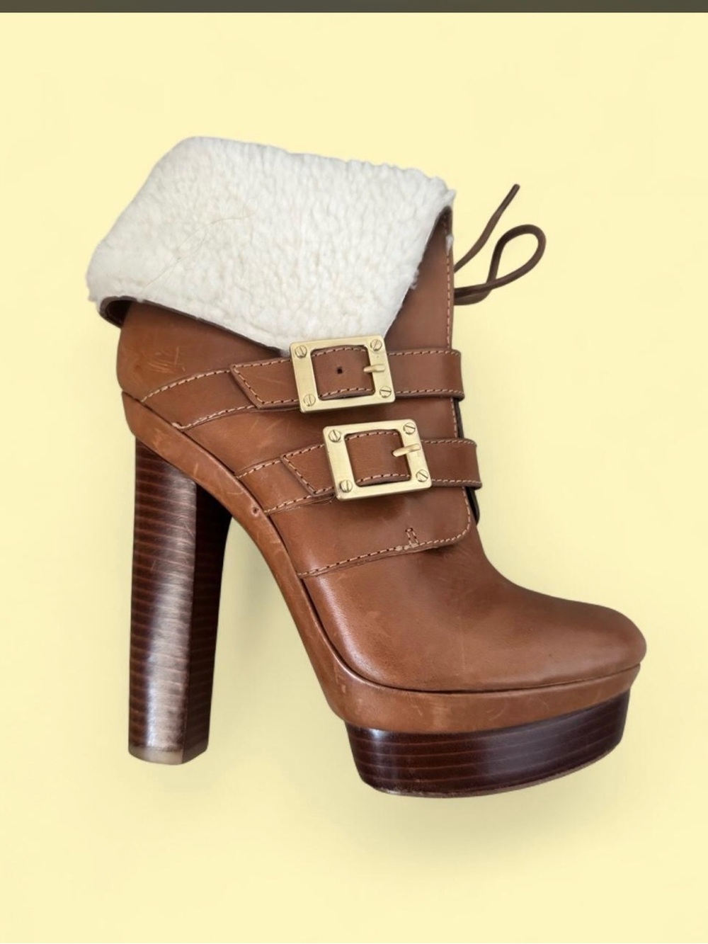 Rachel Zoe Brown Leather Platform Ankle Boot with Cream Shearling Cuff